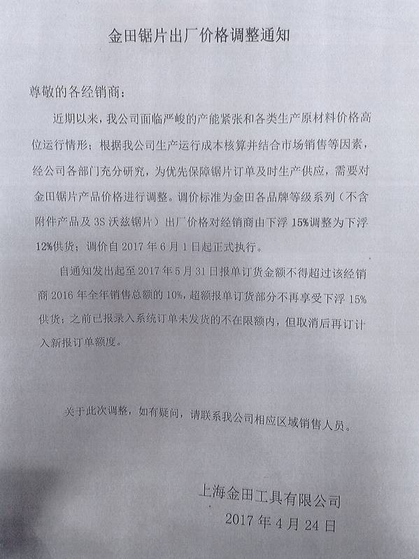 PG电子锯片涨声响起看各大锯片厂如何发布调价函耐而捷(图1)
